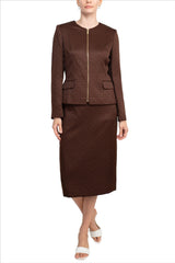 John Meyer Collection Crew Neck Long Sleeve Zipper Front Pencil Skirt Slit Back Jacquard Skirt Set by Curated Brands