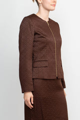 John Meyer Collection Crew Neck Long Sleeve Zipper Front Pencil Skirt Slit Back Jacquard Skirt Set by Curated Brands