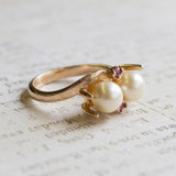 Vintage Pearl Beads with Genuine Ruby Accents 18k Gold Electroplated Ring Made in USA by PVD Vintage Jewelry