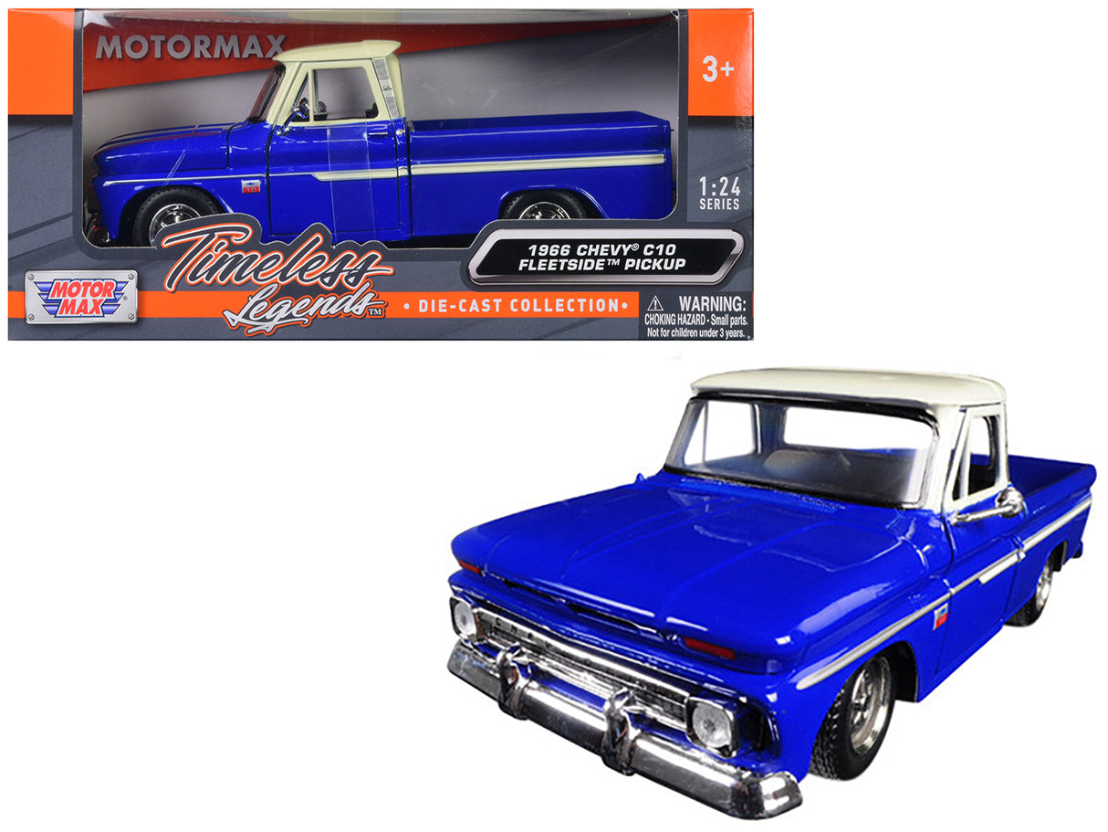 1966 Chevrolet C10 Fleetside Pickup Truck Blue with Cream Top 1/24 Diecast Model Car by Motormax