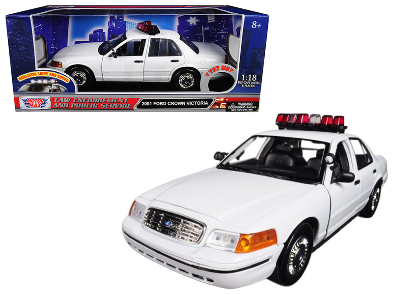 2001 Ford Crown Victoria Police Car Plain White with Flashing Light Bar and Front and Rear Lights and Sounds 1/18 Diecast Model Car by Motormax