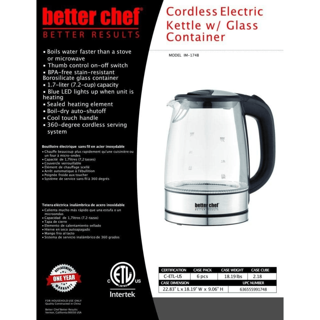 Better Chef 1100W 7-Cup Cordless Electric Borosilicate Glass Kettle with Stainless Steel Accents by Jupiter Gear Home