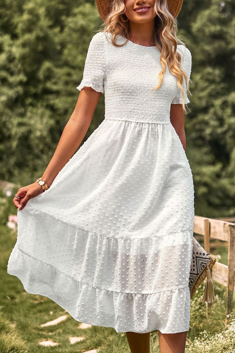 Swiss Dot Smocked Round Neck Short Sleeve Midi Dress by Faz