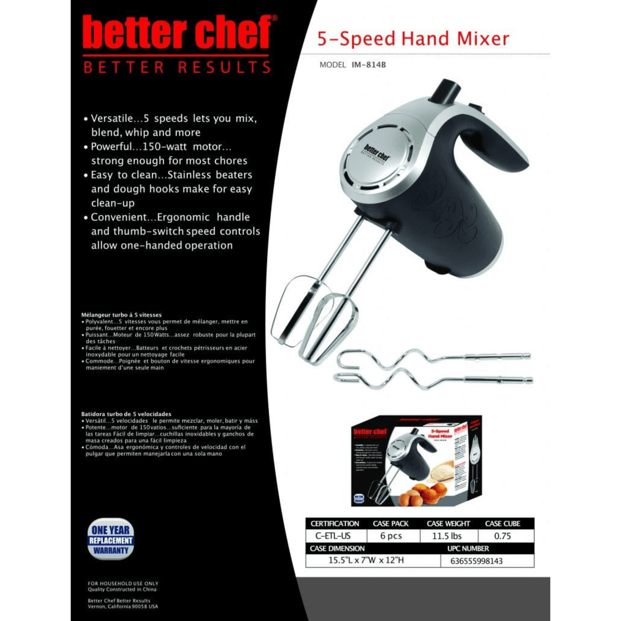 Better Chef 5-Speed 150W Hand Mixer with Silver Accents and Storage Clip by Jupiter Gear Home