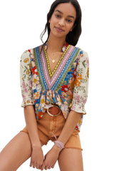 Multicolour V Neck Half Sleeve Boho Floral Blouse