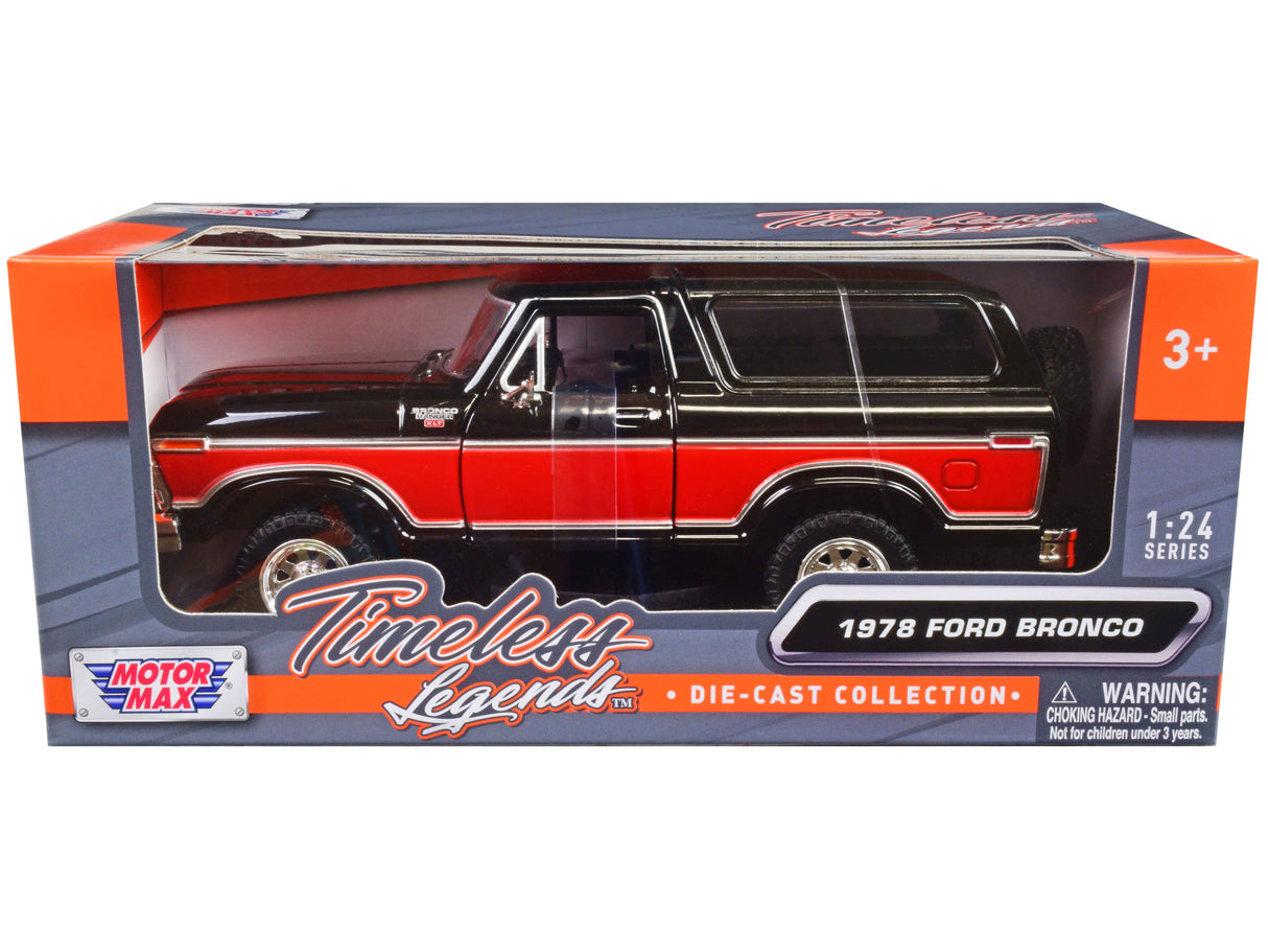 1978 Ford Bronco Ranger XLT with Spare Tire Black and Red "Timeless Legends" Series 1/24 Diecast Model Car by Motormax