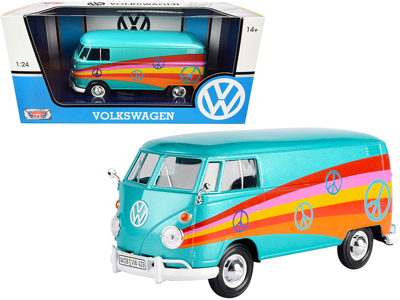 Volkswagen Type 2 (T1) Delivery Van "Peace" Turquoise Metallic 1/24 Diecast Model Car by Motormax