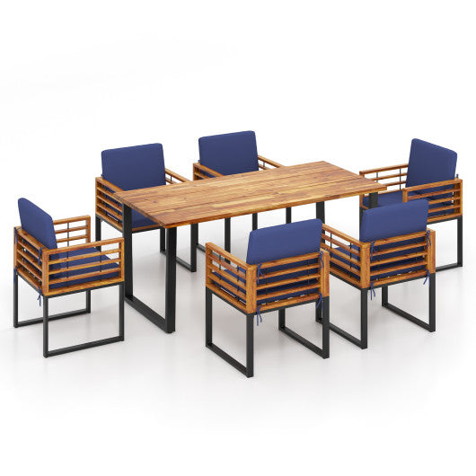 7 Pieces Patio Acacia Wood Dining Chair and Table Set for Backyard and Poolside-Navy