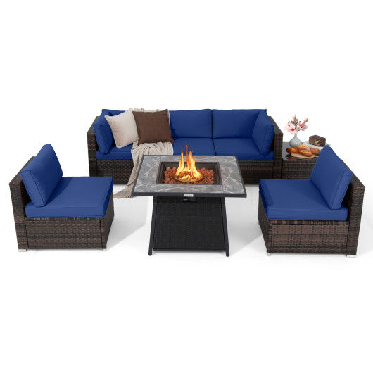 7 Pieces Patio Furniture Set with 35 Inches 50000 BTU Propane Gas Fire Pit Table and Waterproof Cover for Firpit-Navy