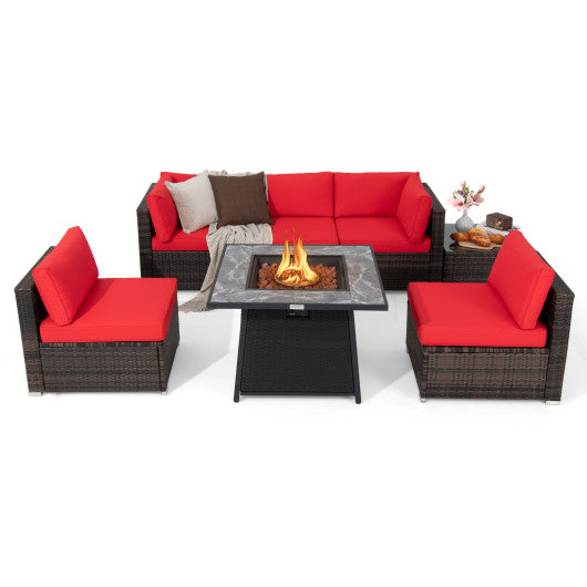 7 Pieces Patio Furniture Set with 35 Inches 50000 BTU Propane Gas Fire Pit Table and Waterproof Cover for Firpit-Red