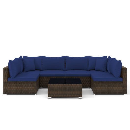 7 Pieces Patio Rattan Furniture Set with Sectional Sofa Cushions-Navy