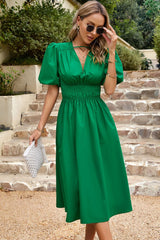 Puff Sleeve Smocked Waist Midi Dress by Faz