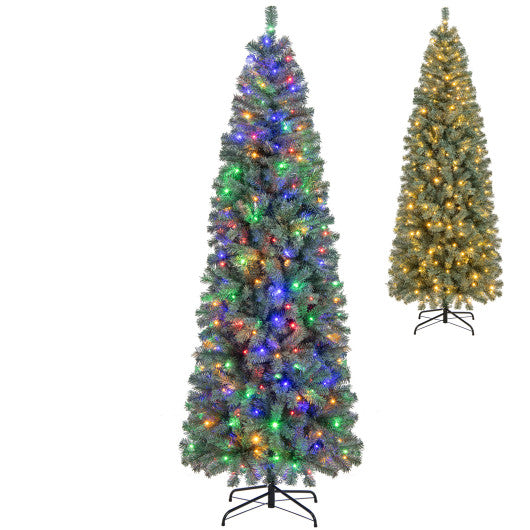 7.5 Feet Pre-Lit Blue Artificial Christmas Tree Slim with 9 Lighting Modes-7.5 ft