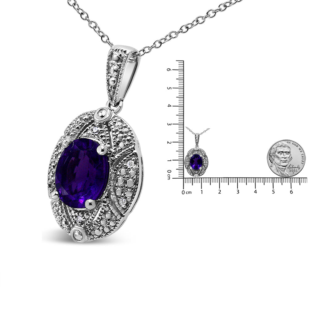 .925 Sterling Silver Diamond Accent and 9x7mm Purple Oval Amethyst Gemstone Pendant 18" Necklace (I-J Color, I1-I2 Clarity) by Infinite Jewels