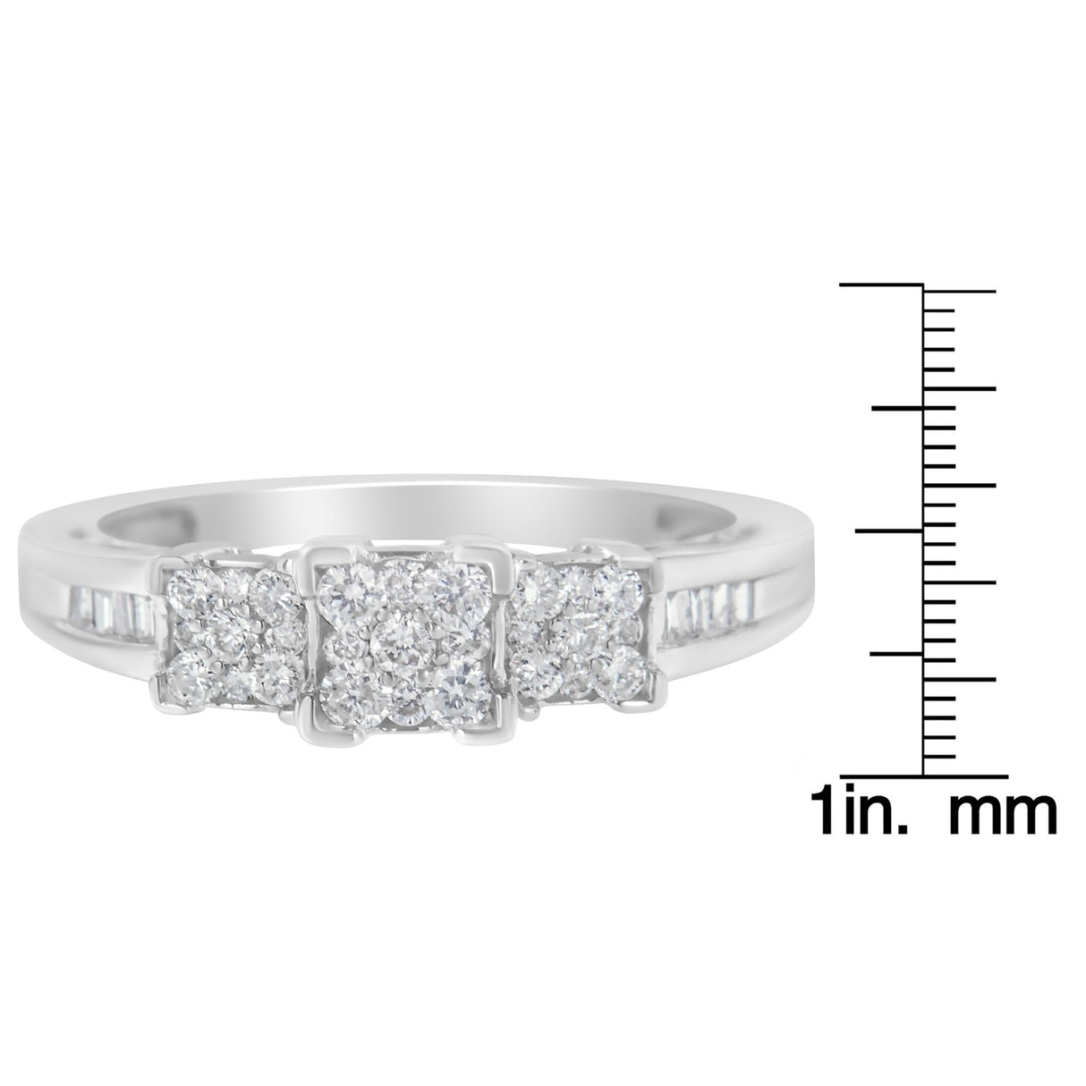 10K White Gold 1/2 Cttw Brilliant & Baguette Cut Diamond 3 Stone Design with 3 Square Clusters Engagement Ring (H-I Color, SI2-I1 Clarity) by Haus of Brilliance