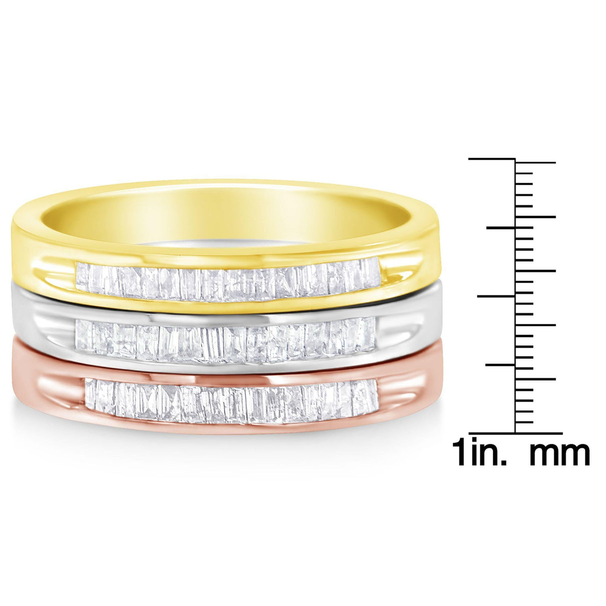 10K Yellow, White and Rose Gold over .925 Sterling Silver 5/8 Cttw Diamond Channel-Set Stackable Band Ring Set (H-I Color, I1-I2 Clarity) by Haus of Brilliance