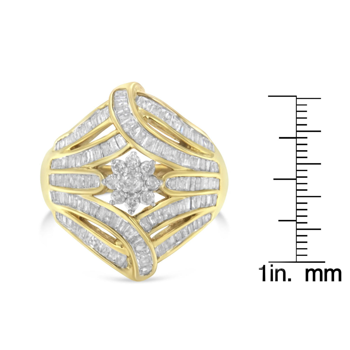 10K Yellow Gold Flashed .925 Sterling Silver 1-1/8 Cttw Round & Baguette Diamond 'Flower & Fern' Cluster Cocktail Fashion Ring (I-J Color, I2-I3 Clarity) by Haus of Brilliance