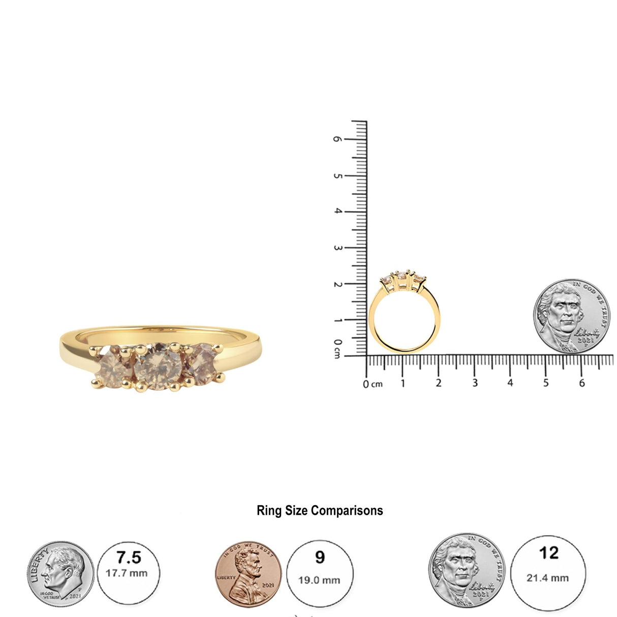 10K Yellow Gold 1.00 Cttw Champagne Diamond 3-Stone Band Ring (J-K Color, I1-I2 Clarity) by Haus of Brilliance