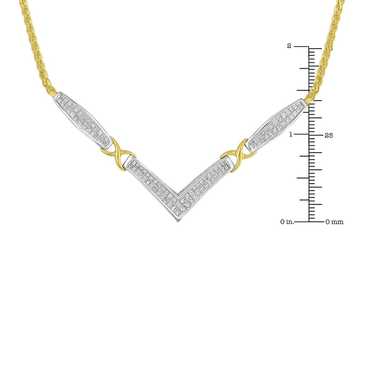 14K Yellow and White Gold 2.0 Cttw Princess Cut Diamond Flared and X-Station V Shaped 18” Franco Chain Statement Necklace (H-I Color, SI2-I1 Clarity) by Infinite Jewels