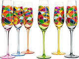 Stained Glass Champagne Flutes Set of 6 Hand Painted - Wine Savant - Hand Blown 7 Ounce Colorful Renaissance Champagne Glasses - 10.2" Tall, 2.7" Diameter Rainbow Multicolor Design Glassware by The Wine Savant