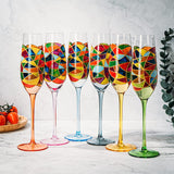 Stained Glass Champagne Flutes Set of 6 Hand Painted - Wine Savant - Hand Blown 7 Ounce Colorful Renaissance Champagne Glasses - 10.2" Tall, 2.7" Diameter Rainbow Multicolor Design Glassware by The Wine Savant