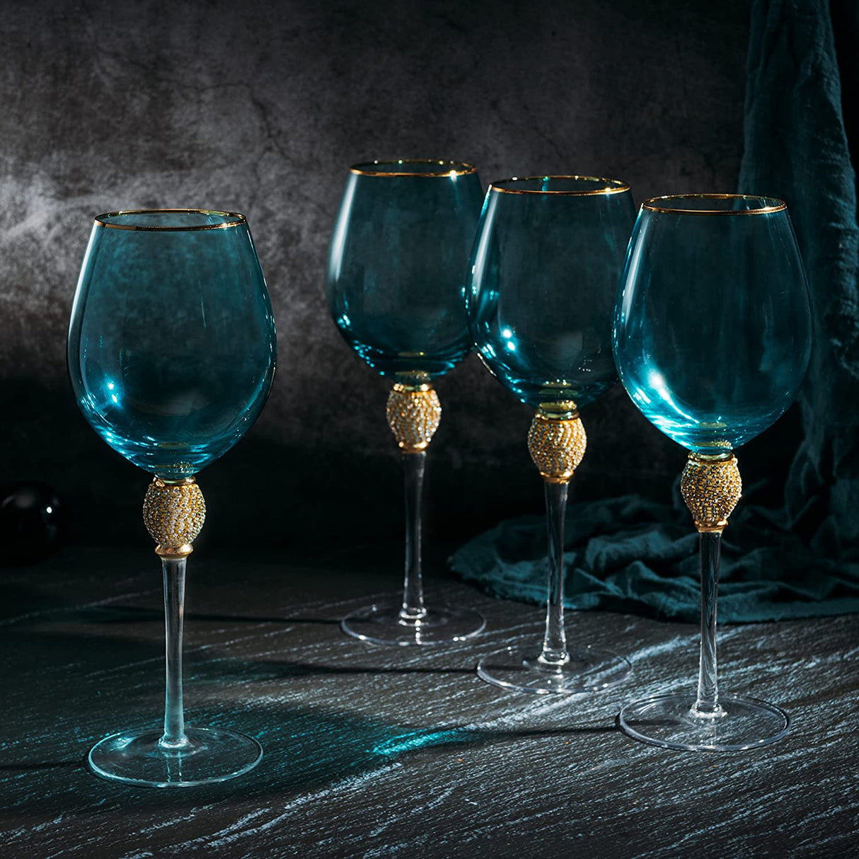 The Wine Savant Large Diamond Wine Glasses, 10" H Gold Rim Rhinestone Diamond Glasses - Wedding Glasses - 18 Ounce, Premium Designed Wine Glasses for Spirits and Wine, Gift Boxed (4, Blue) by The Wine Savant