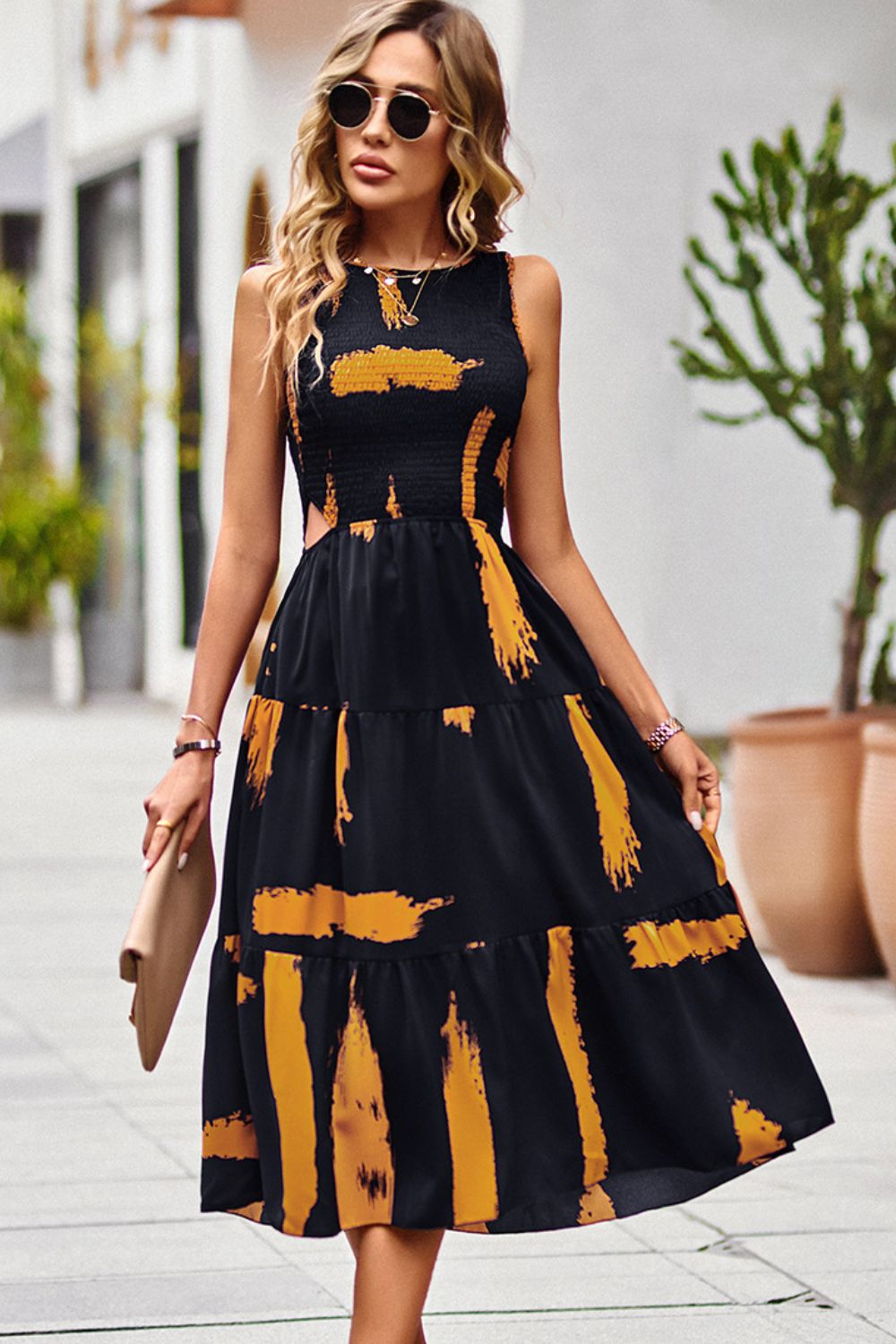 Printed Round Neck Slit Sleeveless Dress by Faz