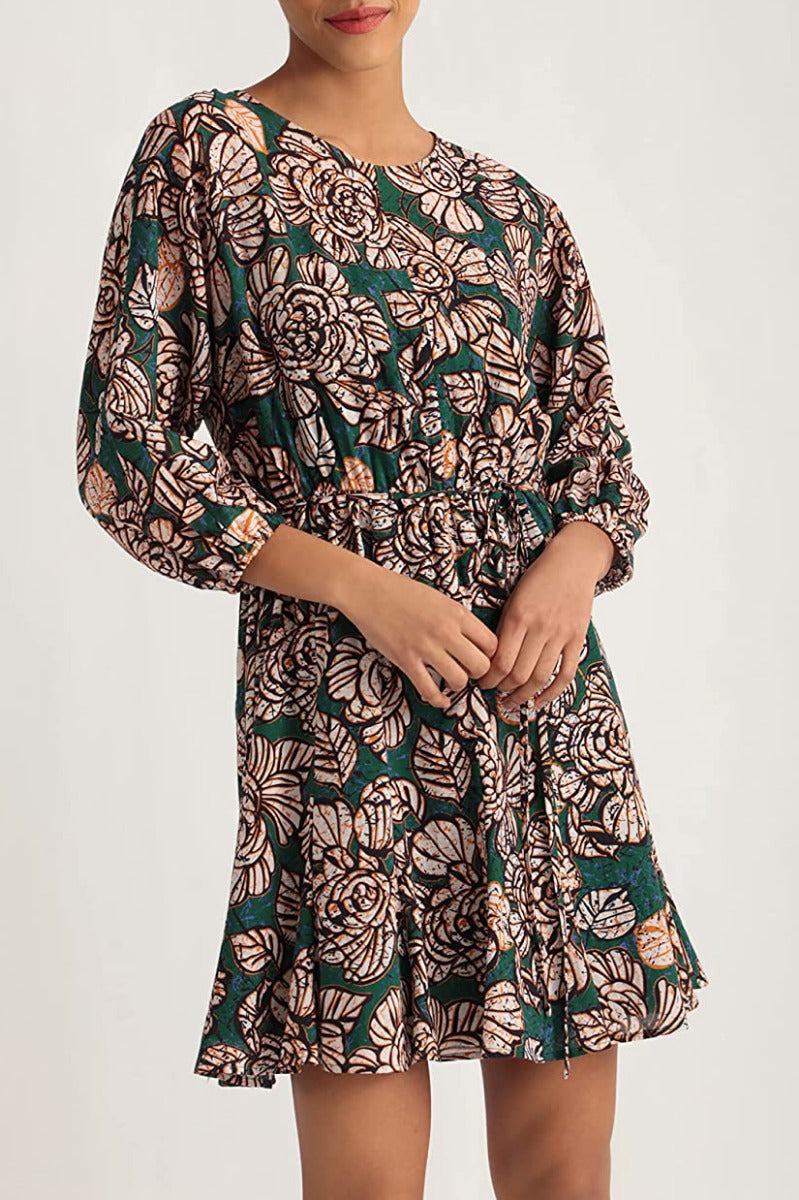 Donna Morgan Crew Neck Long Sleeve Tie Waist Floral Print Keyhole Back Polyester Dress by Curated Brands