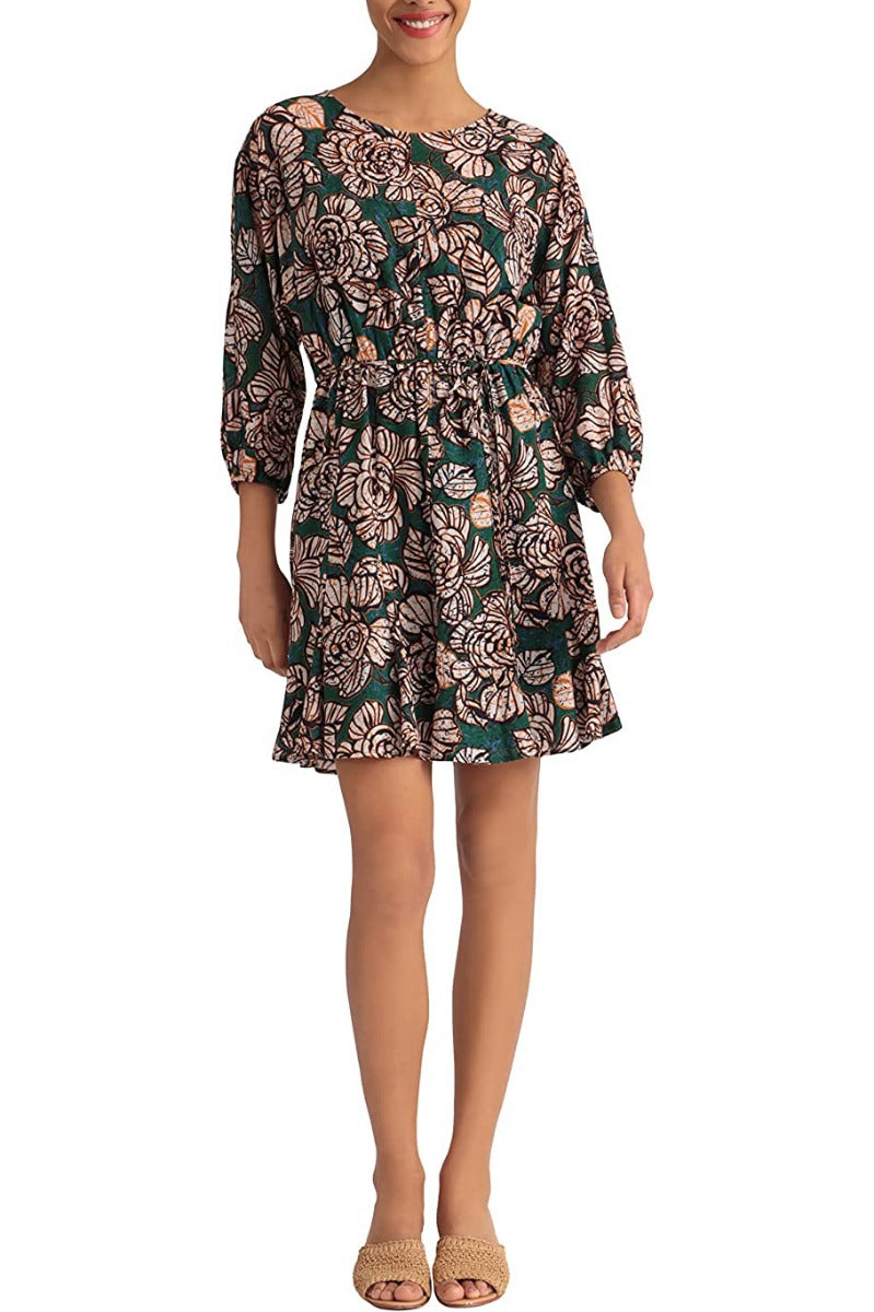 Donna Morgan Crew Neck Long Sleeve Tie Waist Floral Print Keyhole Back Polyester Dress by Curated Brands