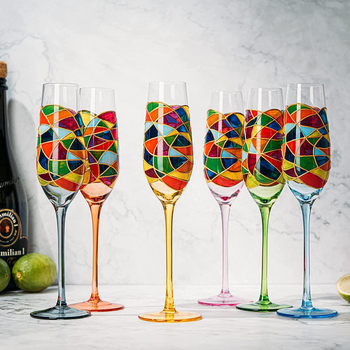 Stained Glass Champagne Flutes Set of 6 Hand Painted - Wine Savant - Hand Blown 7 Ounce Colorful Renaissance Champagne Glasses - 10.2" Tall, 2.7" Diameter Rainbow Multicolor Design Glassware by The Wine Savant