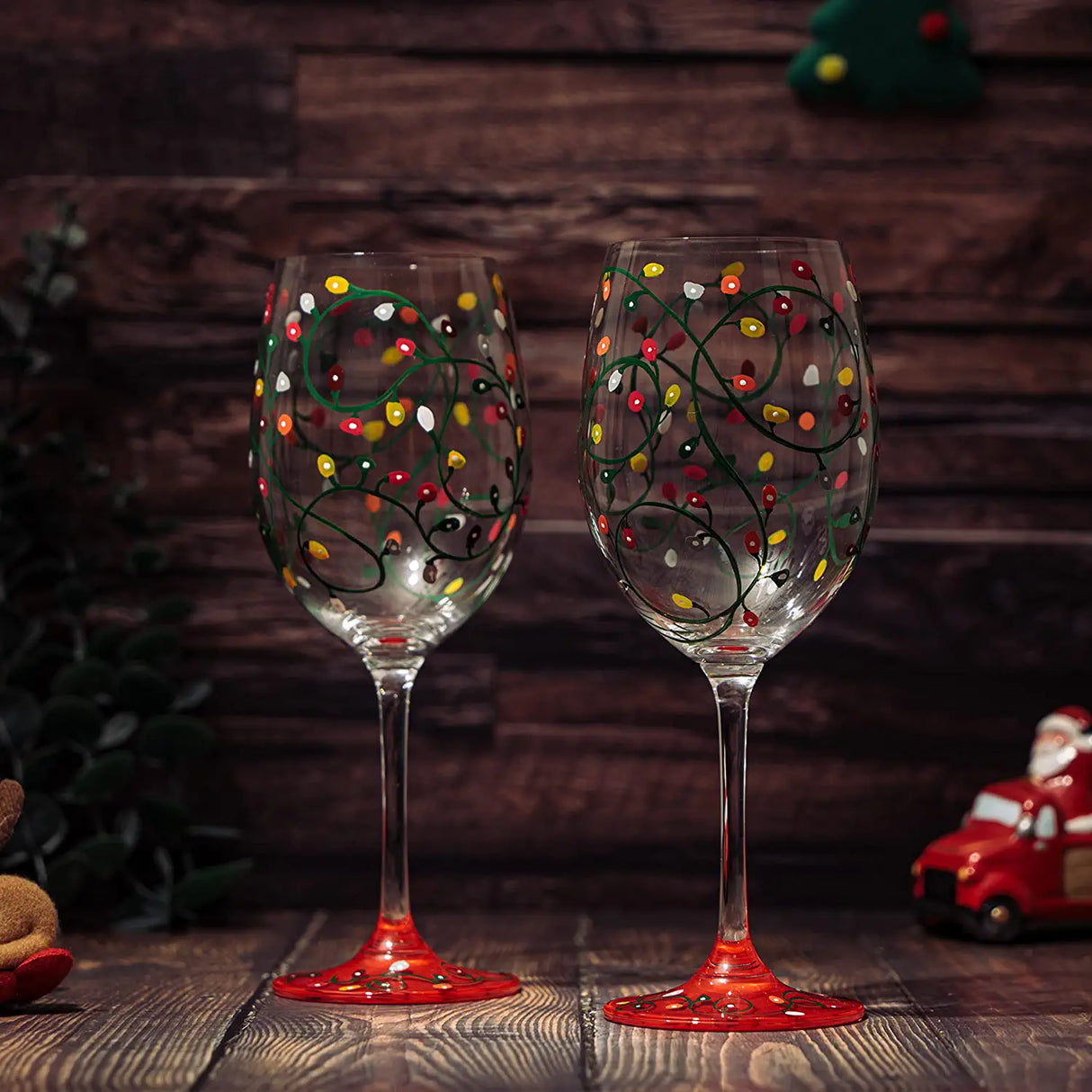 Stemmed Christmas Lights Wine Glasses Set of 2 - Hand Painted Wine Glass Ornament Light Bulbs Glasses, Perfect for Wine, Champagne, Holiday Parties and Festivities - 9.5" High, 21 oz Capacity by The Wine Savant