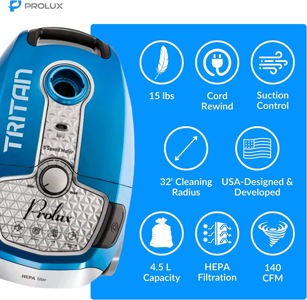 Prolux Tritan Canister Vacuum with Sealed HEPA Filtration and 12 Amp Motor by Prolux Cleaners