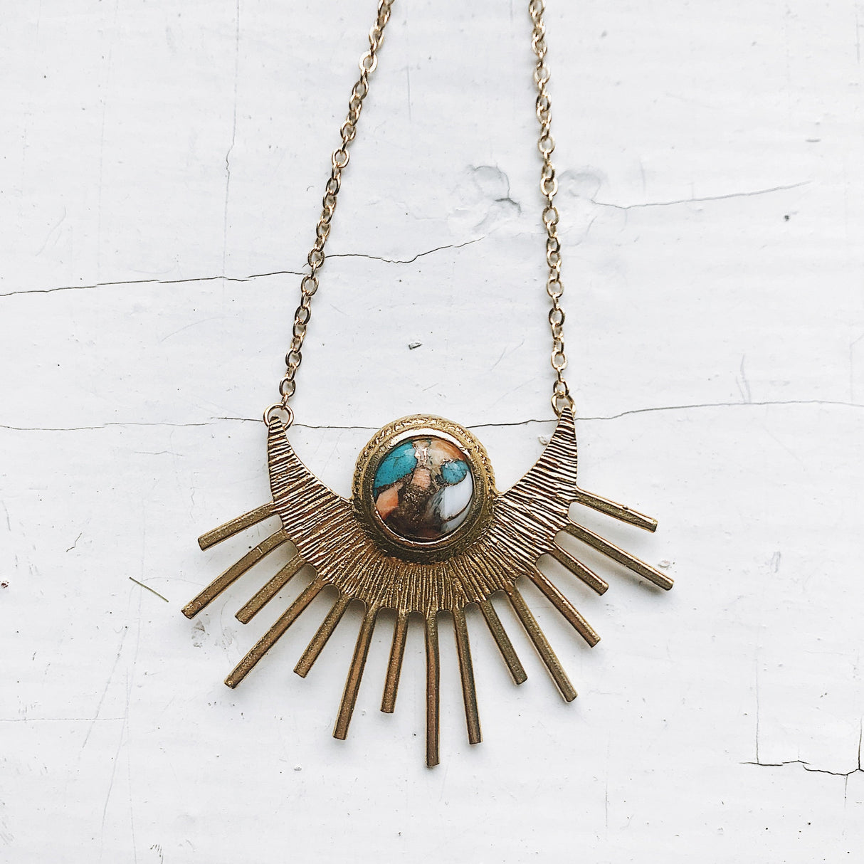 Sun Goddess Necklace - Sun Pendant with Copper Oyster Turquoise by Yugen Handmade