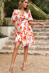 Printed Deep V Puff Sleeve Dress by Faz