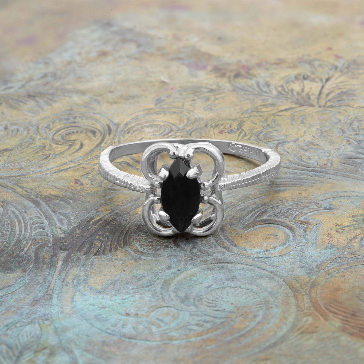 Vintage Jewelry Marquise Cut Jet Black Crystal Cocktail Ring in 18k White Gold Electroplate by PVD Vintage Jewelry