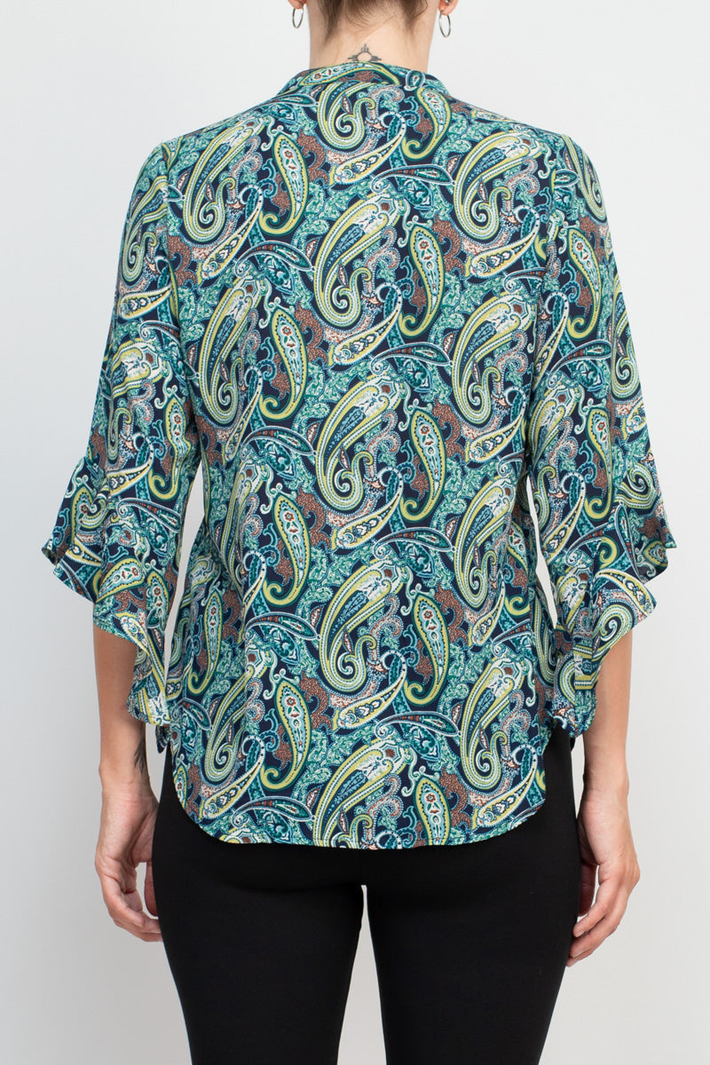 Counterparts split neck button ruffle sleeve multi print chiffon top by Curated Brands