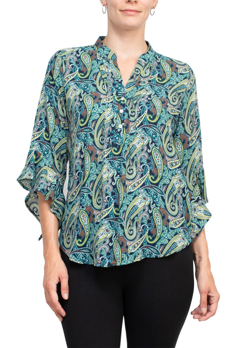 Counterparts split neck button ruffle sleeve multi print chiffon top by Curated Brands