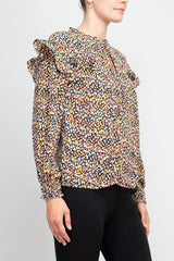 Counterparts crew tie neck elastic cuff long sleeve ruffle multi print chiffon top by Curated Brands