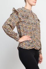 Counterparts crew tie neck elastic cuff long sleeve ruffle multi print chiffon top by Curated Brands