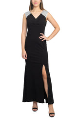 SL Fashion V-Neck Sequined Shoulder Sleeveless Slit Front Zipper Back Dress by Curated Brands