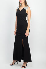 SL Fashion V-Neck Sequined Shoulder Sleeveless Slit Front Zipper Back Dress by Curated Brands