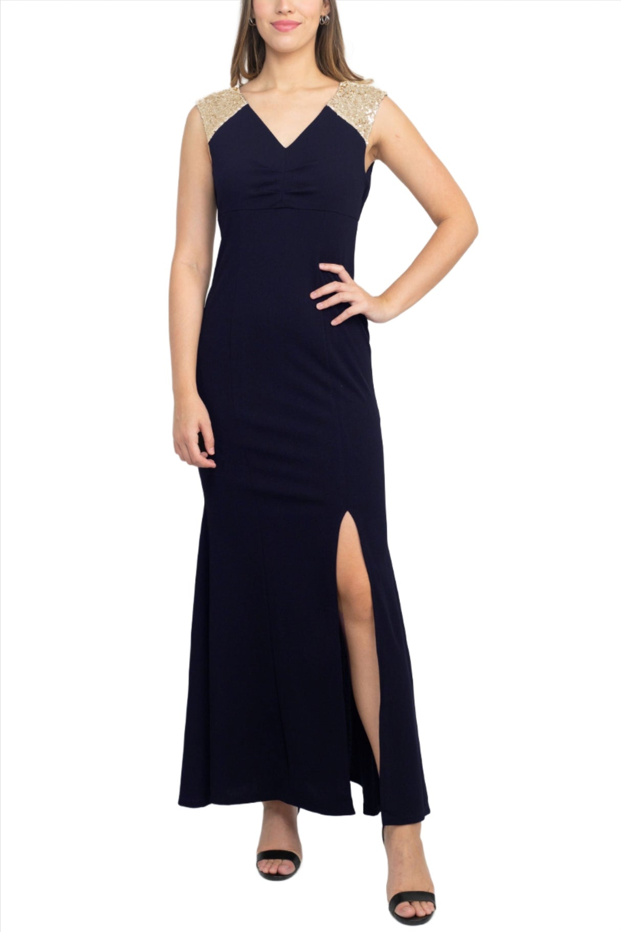 SL Fashion V-Neck Sequined Shoulder Sleeveless Slit Front Zipper Back Dress by Curated Brands