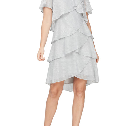 SL Fashions Shimmer Tiered Ruffle V-Neck Embellishment Short Flutter Sleeve Shift Dress by Curated Brands