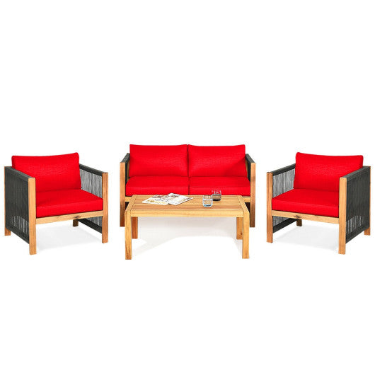 4 Pieces Acacia Wood Outdoor Patio Furniture Set with Cushions-Red