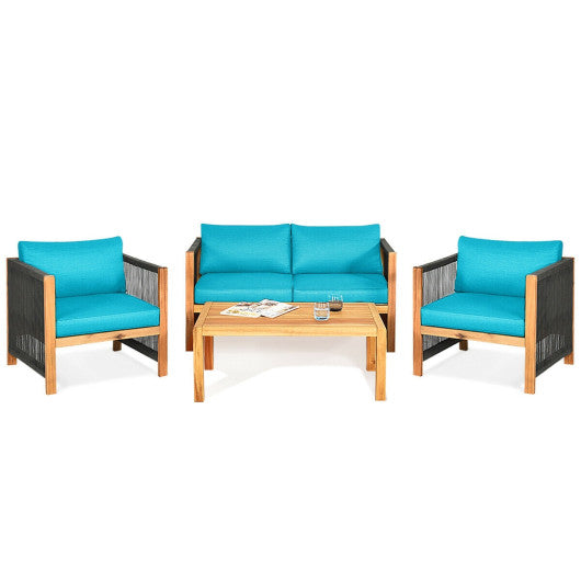 4 Pieces Acacia Wood Outdoor Patio Furniture Set with Cushions-Turquoise