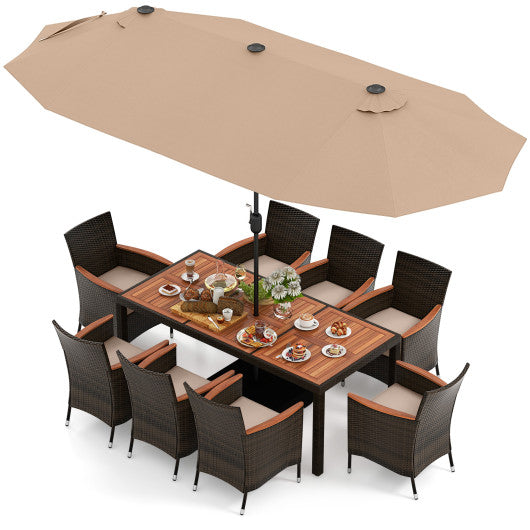 10 Piece Outdoor Dining Set with 15 Feet Double-Sided Twin Patio Umbrella-Brown