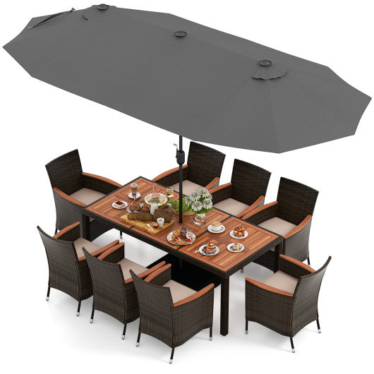 10 Piece Outdoor Dining Set with 15 Feet Double-Sided Twin Patio Umbrella-Gray