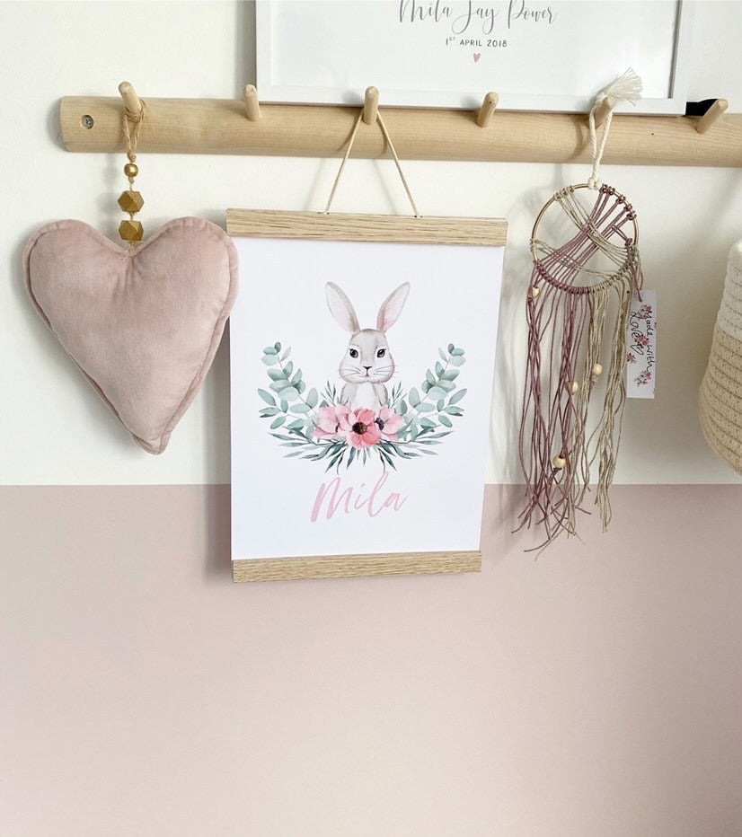 Personalised Pink Wording Floral Bunny Easter Spring Seasonal Wall Home Decor Print by WinsterCreations™ Official Store