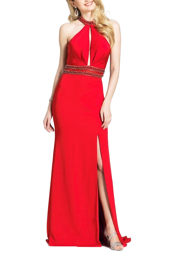 Dave & Johnny Embellished Halter Neck Slit Front Embellished Waist Zipper Back Cutout Back Satin Dress by Curated Brands