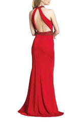 Dave & Johnny Embellished Halter Neck Slit Front Embellished Waist Zipper Back Cutout Back Satin Dress by Curated Brands